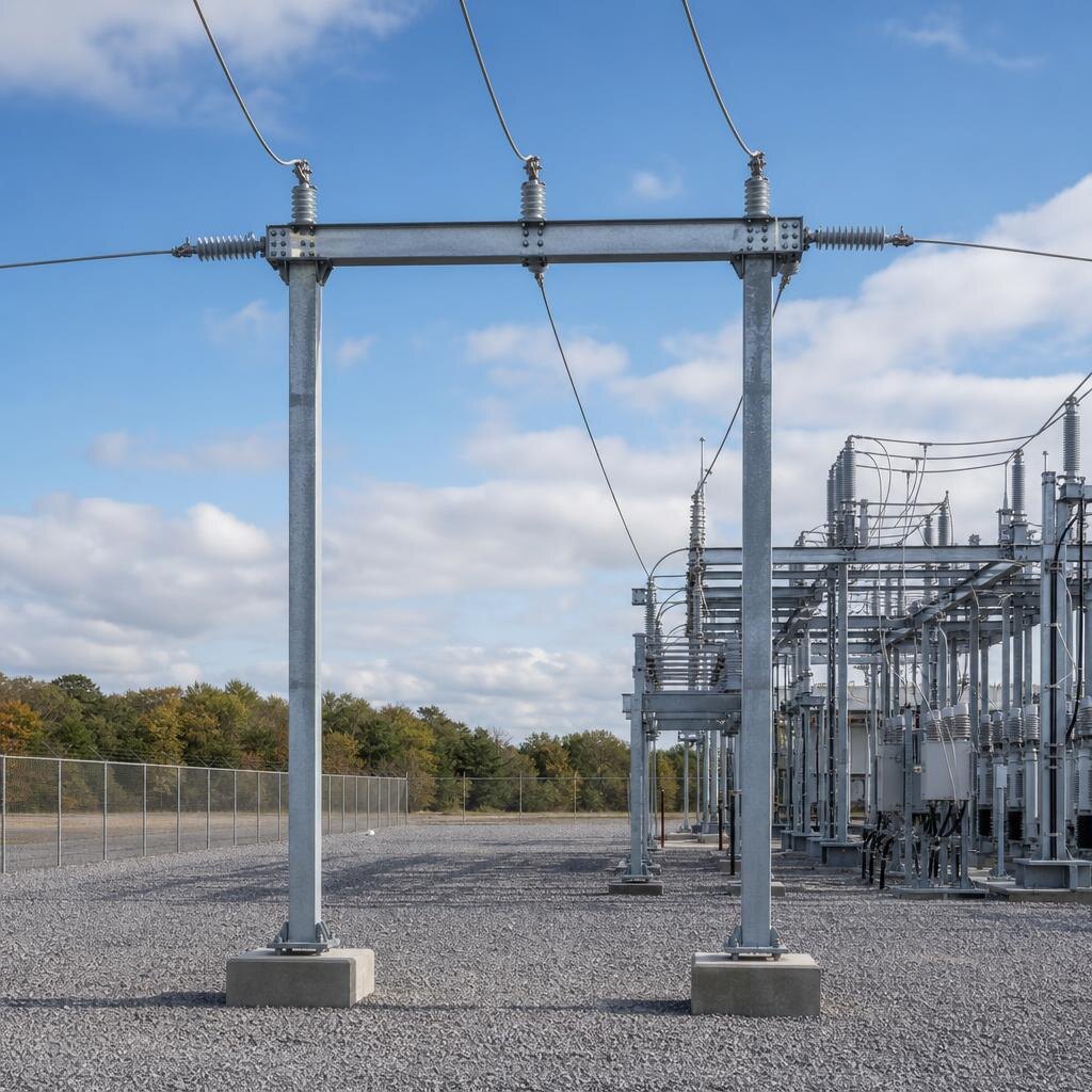 H-frame dead-end installation at the edge of a substation