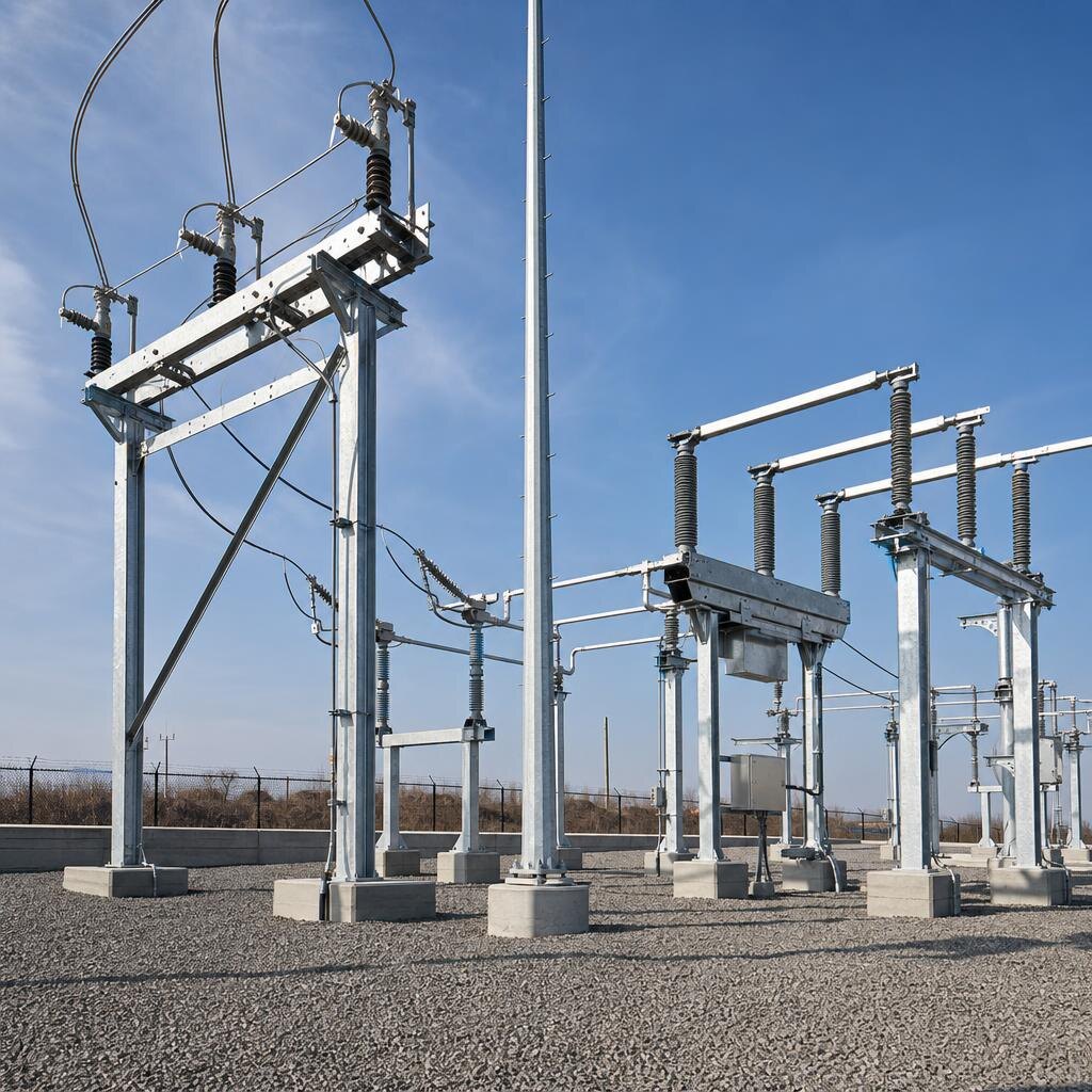 Dead-end, static mast, and bus supports working together